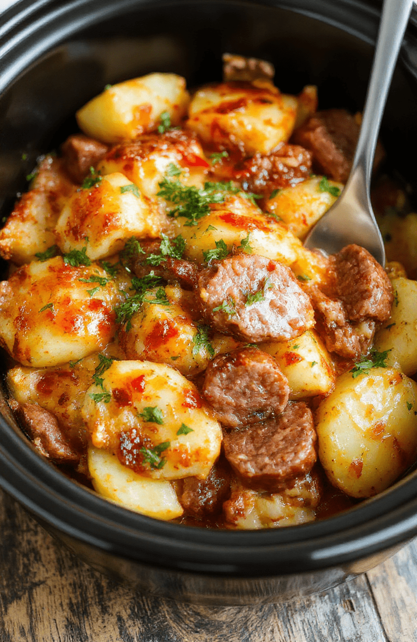A warm, inviting casserole featuring golden-brown sausages, tender potatoes, and vibrant green herbs, served in a rustic ceramic dish with steam rising, styled on a wooden surface with natural light highlighting the textures and colors.