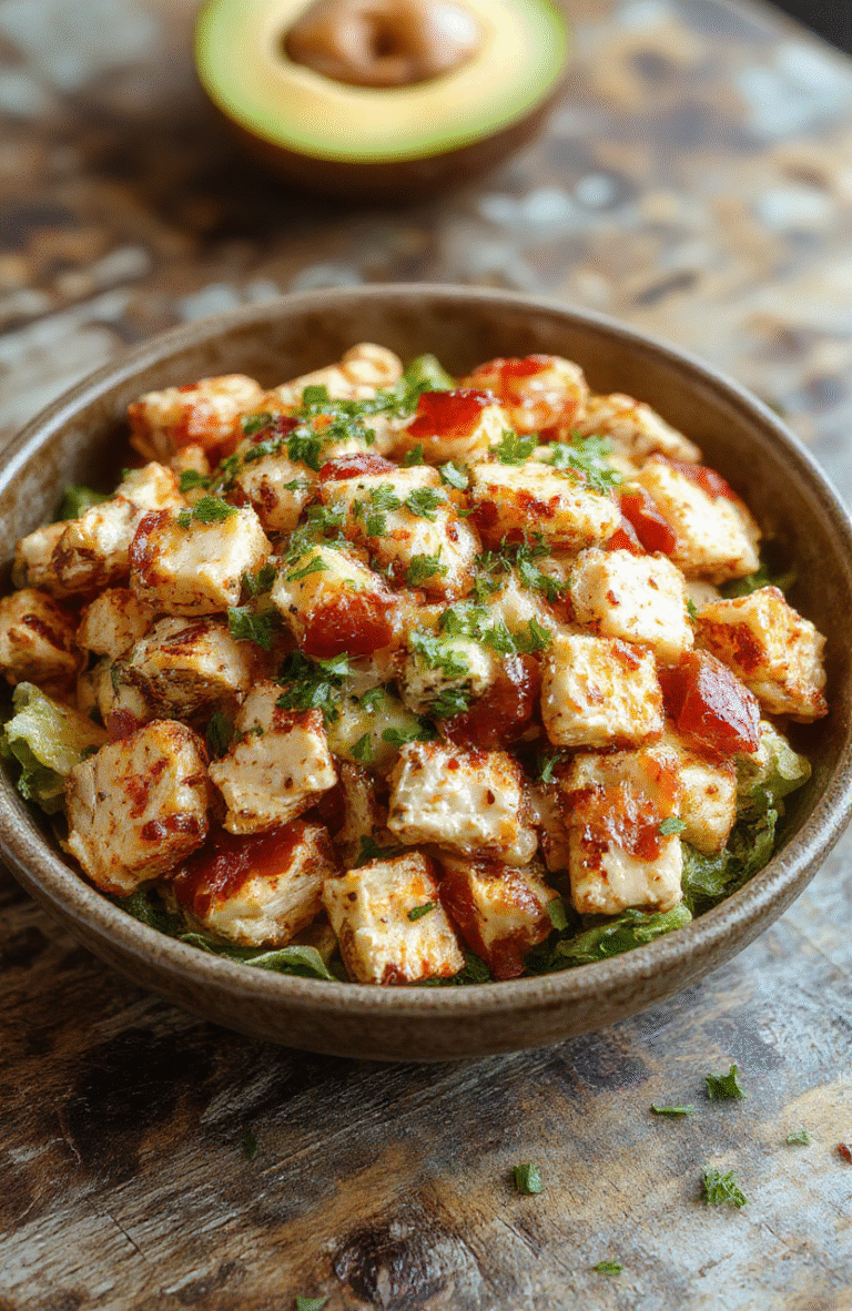Colorful Southwest Chicken Salad displayed on a white plate with vibrant bell peppers, avocado slices, shredded chicken, and fresh greens. The salad is topped with a drizzle of creamy dressing and garnished with cilantro. The textures of crunchy vegetables and tender chicken create an appetizing, fresh presentation in natural daylight.