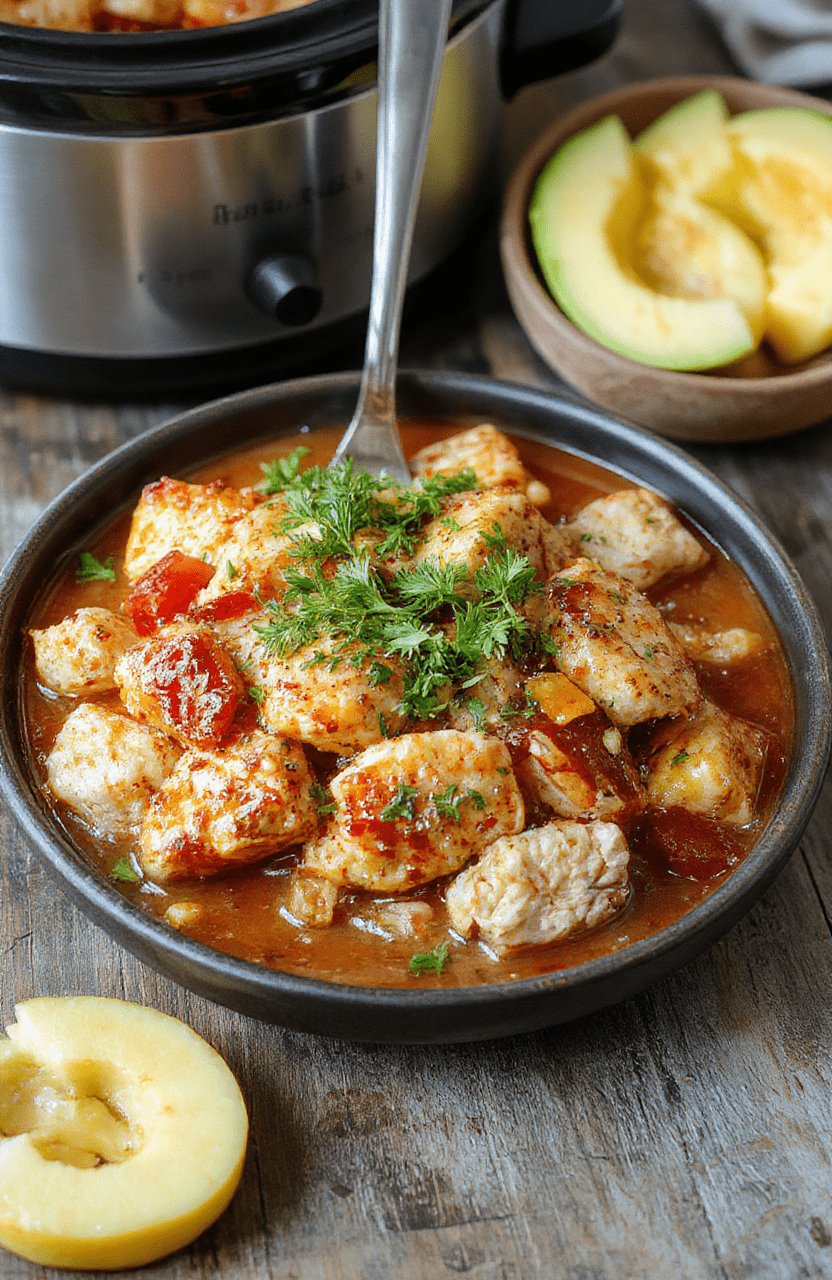 A vibrant plate featuring tender shredded chicken glazed with a glossy pineapple sauce, garnished with chopped green onions and fresh pineapple slices, all arranged on a rustic wooden table with colorful Hawaiian napkins for a tropical presentation.
