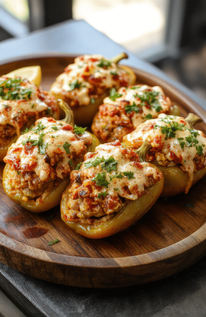 Colorful bell peppers filled with seasoned ground beef, rice, and melted cheese, arranged on a rustic wooden plate with fresh cilantro and chopped tomatoes, vibrant and appetizing with a glossy finish and inviting textures.