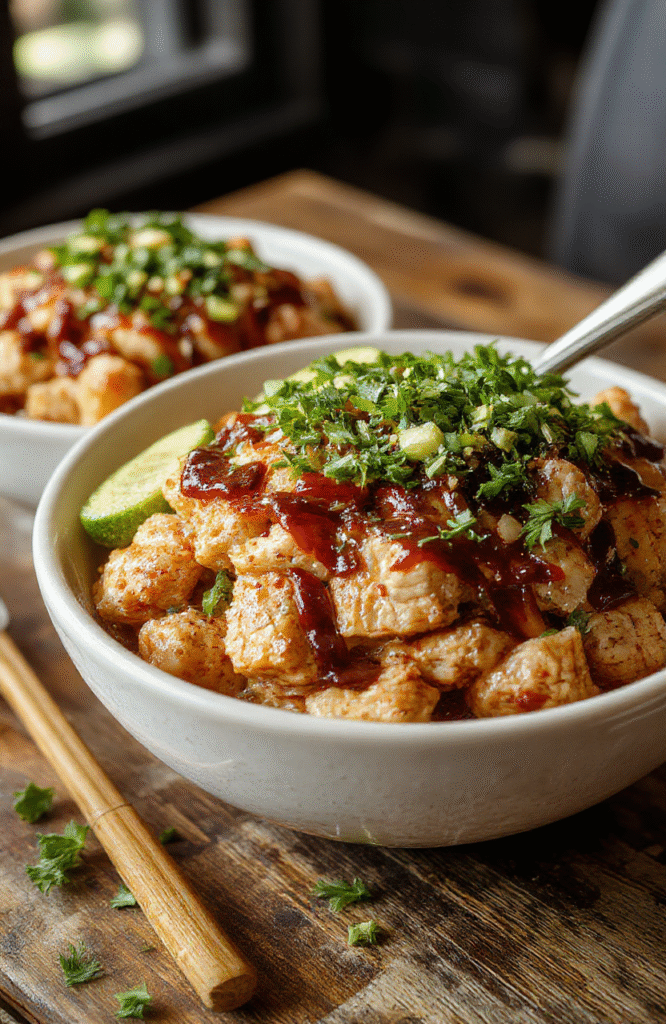 A vibrant plate of ground turkey teriyaki bowls featuring glazed ground turkey, colorful stir-fried vegetables, and steamed rice, arranged neatly with garnishes of sesame seeds and chopped green onions, all styled on a rustic wooden table with natural daylight highlighting the glossy sauce and fresh ingredients.