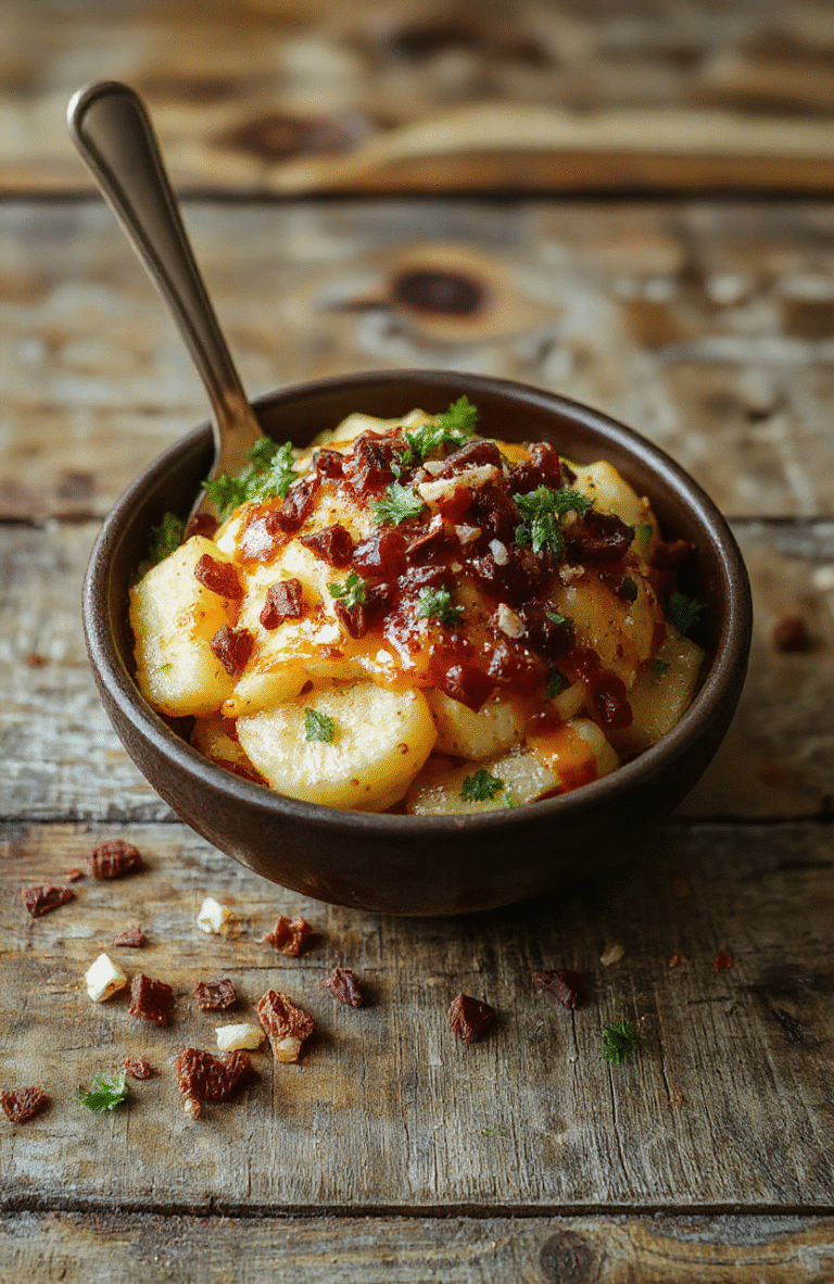 A colorful loaded potato taco bowl featuring crispy baked potato chunks topped with seasoned ground beef, fresh diced tomatoes, shredded cheese, sour cream, and chopped green onions, arranged artfully in a rustic bowl with vibrant ingredients and textures, styled casually for an appetizing presentation.