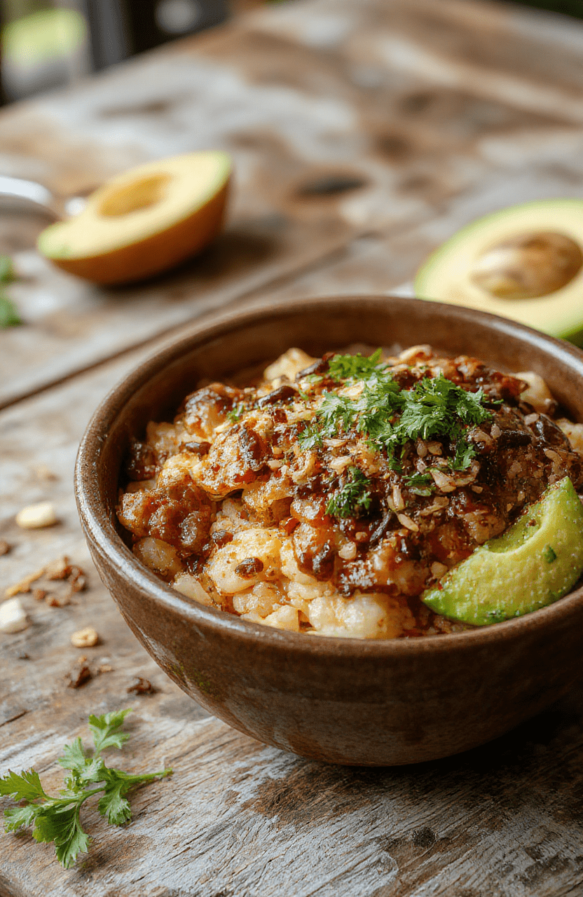 Colorful taco rice bowl on a rustic wooden table, topped with shredded lettuce, vibrant salsa, melted cheese, and seasoned ground beef, garnished with fresh cilantro, vibrant red and green ingredients contrasting with the white rice, styled casually with a spoon and a lime wedge nearby.