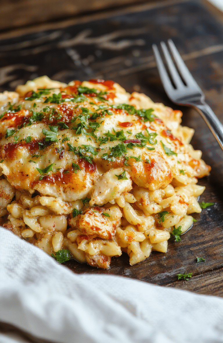 A rustic white ceramic casserole dish filled with a golden-brown cheesy chicken orzo garnished with fresh parsley, sitting on a dark wooden table with a creamy and cheesy onion-infused sauce visible, topped with melted cheese and caramelized onion slices, with a spoon partially inserted revealing tender chicken and orzo grains, styled in warm natural light with soft shadows.