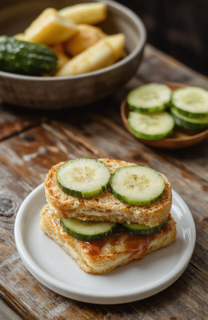 A close-up of colorful cucumber sandwiches on a white plate, stacked neatly with crisp cucumber slices, creamy spread, and fresh herbs, brightly lit, with a soft-focus background featuring a rustic wooden table and natural light, emphasizing textures and vibrant green hues.