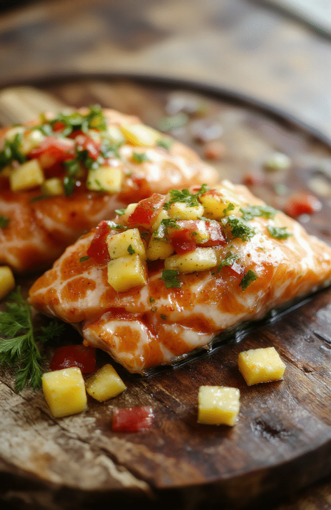 A vibrant plate of salmon topped with colorful fresh mango salsa, garnished with cilantro, served on a rustic wooden surface with a bright, inviting ambiance