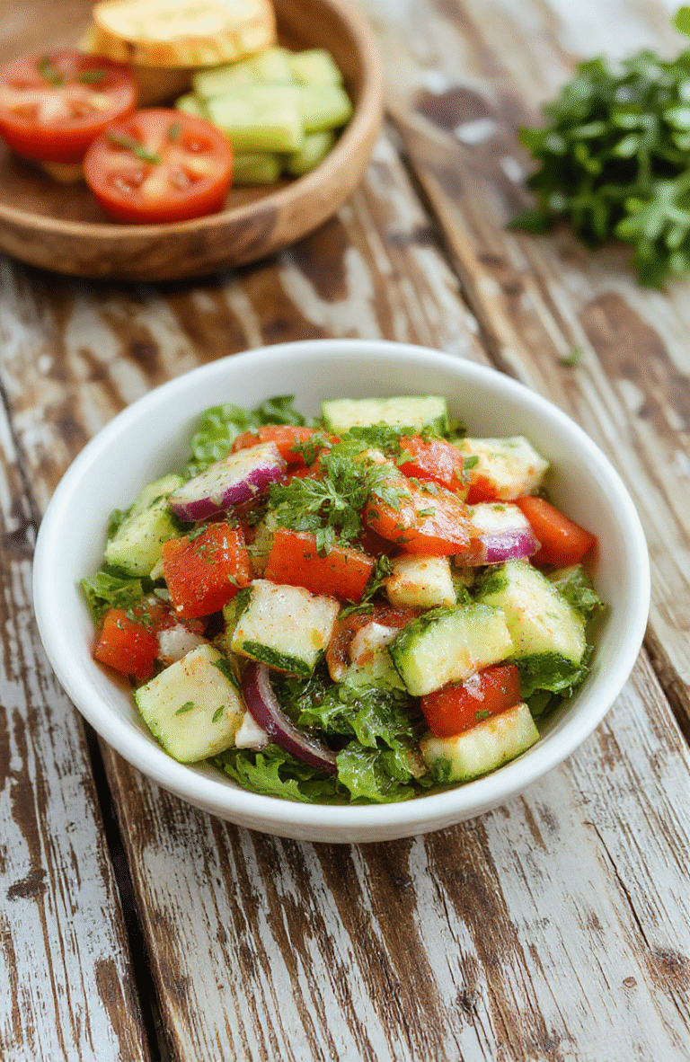 A vibrant Mediterranean salad featuring chopped cucumbers, ripe tomatoes, and thinly sliced onions arranged on a white plate, drizzled with olive oil and garnished with fresh herbs. The bright colors of the vegetables contrast with the rustic wooden background, with a sprinkle of salt and pepper adding texture. The salad looks fresh, crunchy, and inviting, perfect for summer meals.
