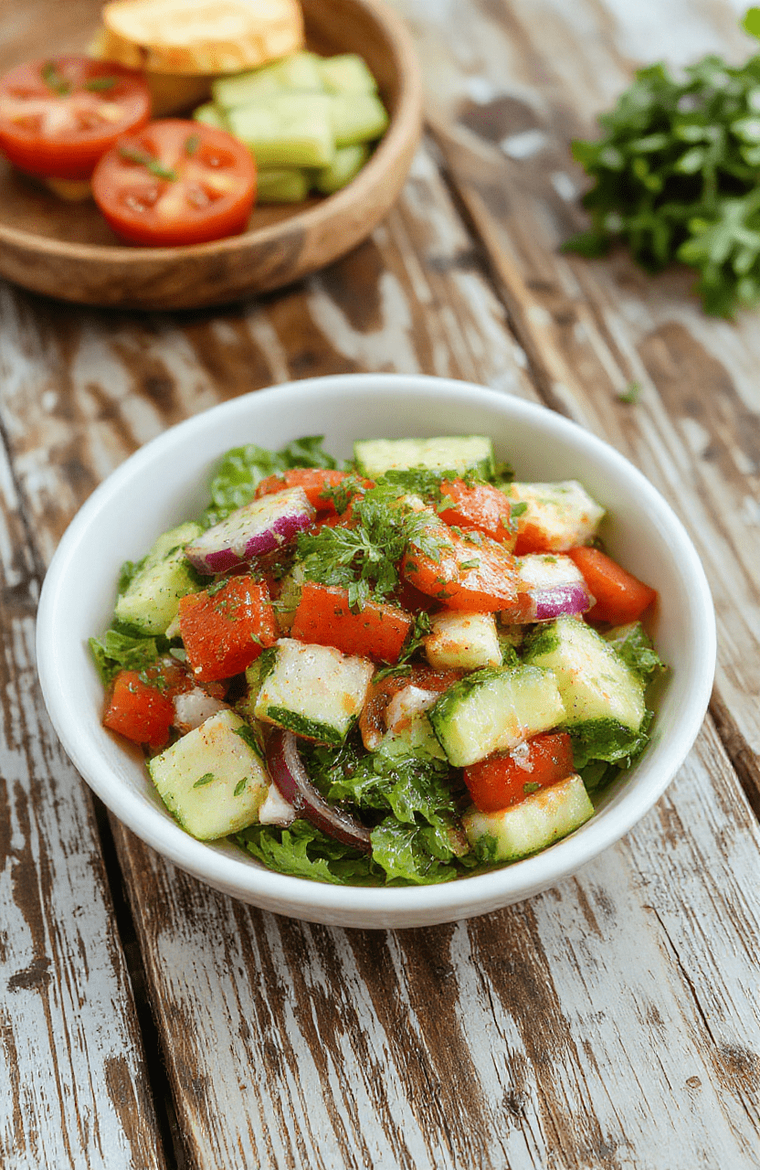 A vibrant Mediterranean salad featuring chopped cucumbers, ripe tomatoes, and thinly sliced onions arranged on a white plate, drizzled with olive oil and garnished with fresh herbs. The bright colors of the vegetables contrast with the rustic wooden background, with a sprinkle of salt and pepper adding texture. The salad looks fresh, crunchy, and inviting, perfect for summer meals.