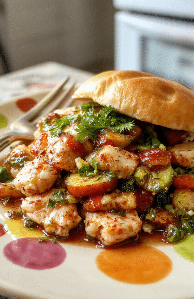 Colorful plated dish featuring a vibrant mix of bite-sized vegetables, tender protein, and a fun presentation suitable for kids. The meal is attractively arranged with playful garnishes, on a bright, casual plate, with textures of crispy edges and tender ingredients visible. The background is a cheerful, homey kitchen setting, emphasizing a family-friendly atmosphere.