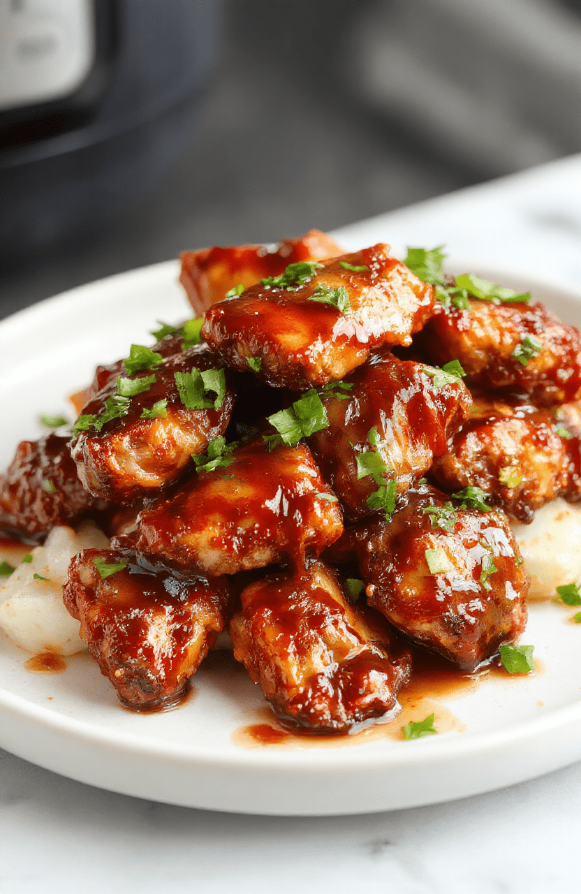 Colorful gluten-free teriyaki chicken pieces glazed with shiny sauce, arranged neatly on a white plate with fresh green garnish, crispy edges, and a light sesame seed sprinkle. The dish is styled simply with a clean background, emphasizing the glossy sauce and tender meat, with textures that look juicy and flavorful.