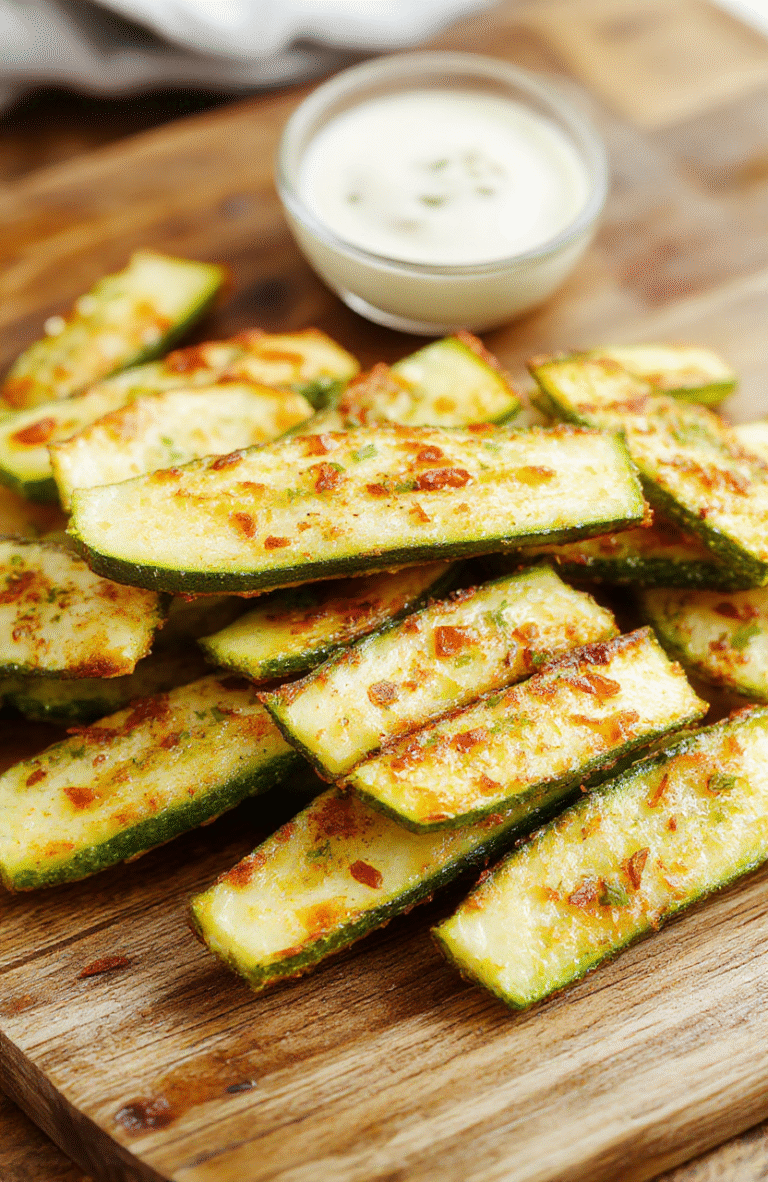 Colorful golden-brown zucchini fries arranged on a white plate, crispy textures visible, garnished with fresh herbs, vibrant green zucchini, and a dipping sauce on the side, styled simply on a wooden surface.