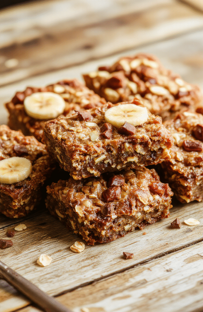 Golden brown banana oatmeal bars with visible chunks of banana and oats, arranged on a rustic wooden surface with a few oats scattered, showcasing their crumbly yet moist texture, styled simply with a natural background and soft lighting to emphasize the wholesome ingredients.