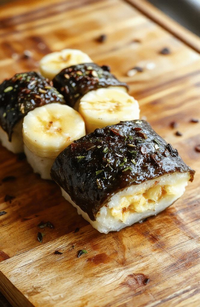 Vivid banana slices rolled in colorful sprinkles with a drizzle of chocolate, neatly arranged on a white plate decorated with fresh fruit and playful toppings, with a blurred background highlighting a cheerful kitchen scene.