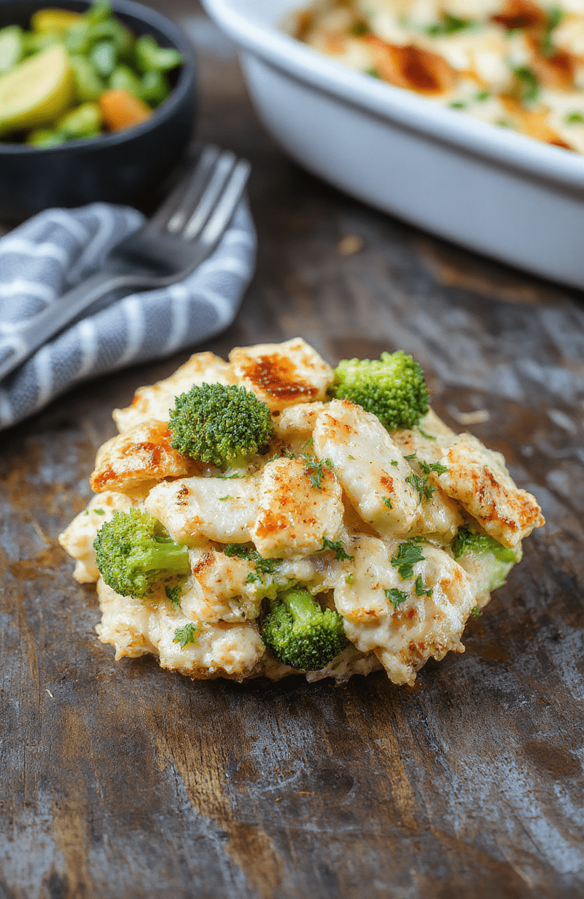 A colorful baked broccoli chicken casserole served in a white dish, topped with melted cheese and fresh herbs, with vibrant green broccoli pieces and tender chicken chunks, styled on a rustic wooden table with a bright, inviting atmosphere.