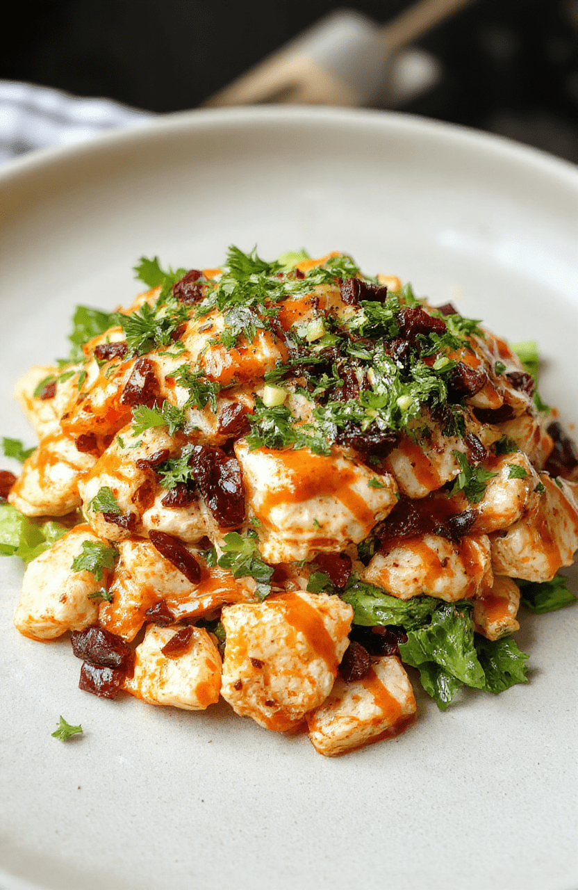 A vibrant plate of buffalo chicken salad featuring shredded chicken coated in spicy buffalo sauce, topped with fresh greens, celery slices, and a drizzle of creamy dressing. The salad is beautifully arranged with bright red and green colors, with crunchy textures visible on the crispy celery and leafy greens, styled on a neutral-colored plate with a blurred background for emphasis.