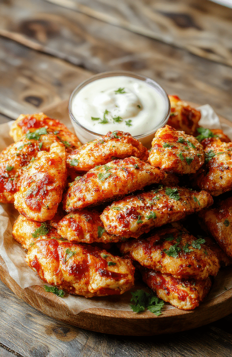Colorful plated buffalo ranch chicken strips arranged neatly on a white ceramic plate, with a side of fresh green herbs and a creamy ranch dipping sauce. The crispy exterior of the chicken strips contrasts with the vibrant red buffalo sauce, garnished with chopped parsley. The presentation is modern and inviting, perfect for a casual dinner or appetizer.