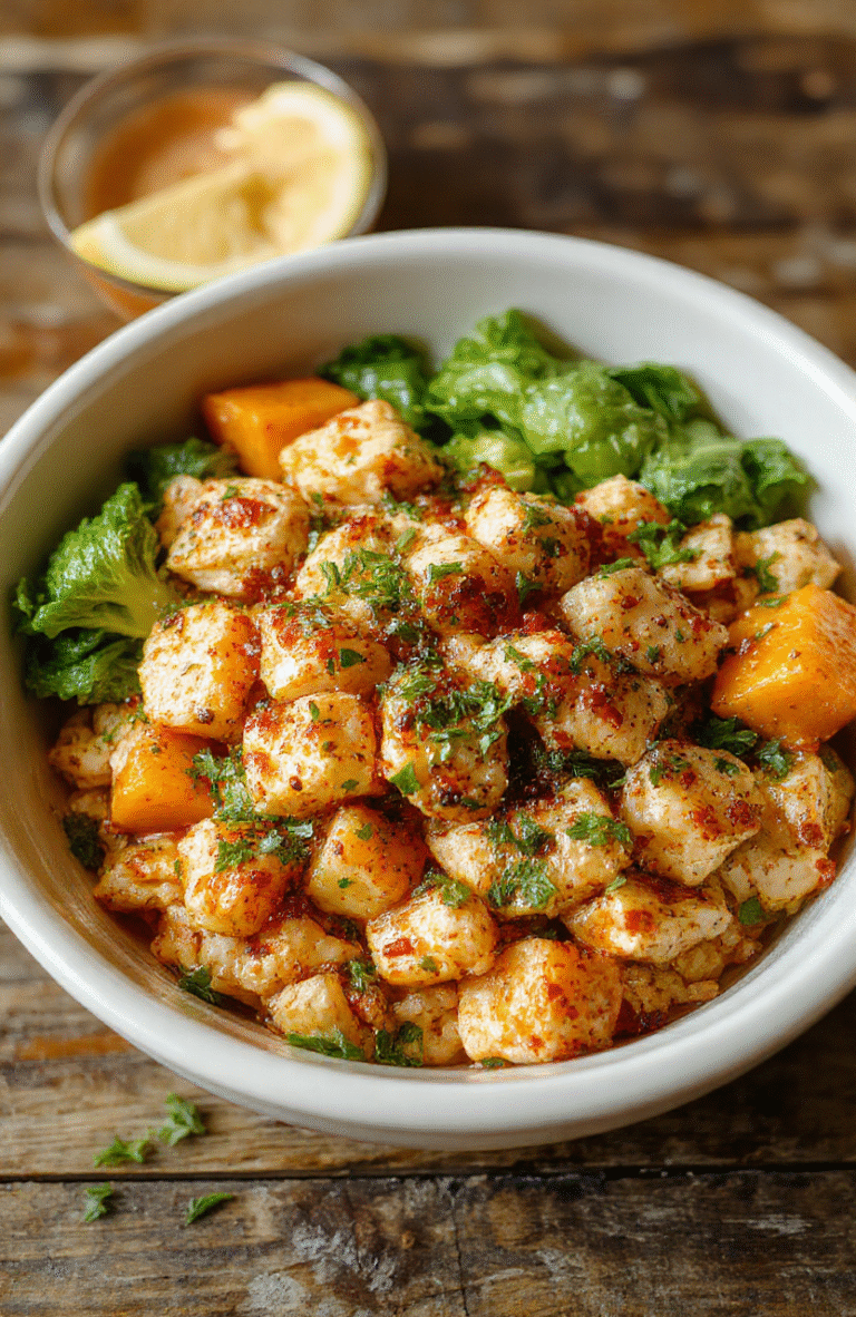 A vibrant rice bowl featuring tender grilled chicken slices, roasted sweet potato chunks, and steamed greens, all arranged in a colorful ceramic bowl garnished with fresh herbs. The dish showcases textures from crispy edges of sweet potatoes to juicy chicken and fluffy rice, styled simply with a modern touch on a rustic wooden table with soft natural lighting.