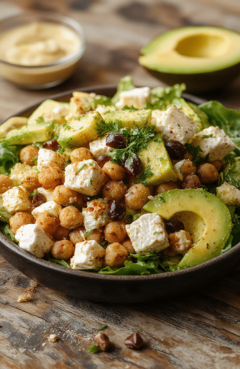 A vibrant bowl of chickpea feta avocado salad featuring creamy avocado chunks, crumbled feta cheese, and plump chickpeas, garnished with fresh herbs. The salad is beautifully plated on a rustic wooden table, with colorful vegetables and a drizzle of olive oil, showcasing a fresh, wholesome, and appealing dish with varied textures and bright colors.