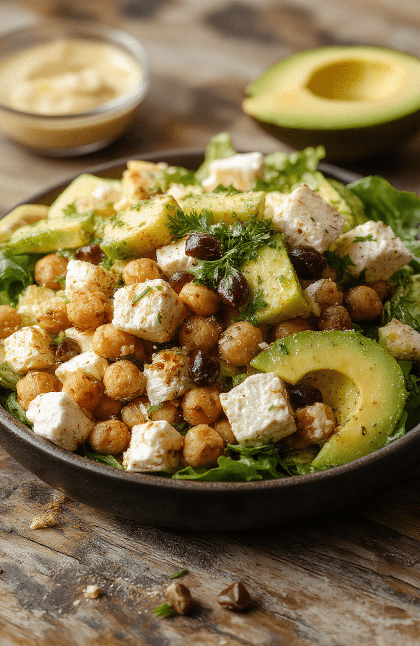 A vibrant bowl of chickpea feta avocado salad featuring creamy avocado chunks, crumbled feta cheese, and plump chickpeas, garnished with fresh herbs. The salad is beautifully plated on a rustic wooden table, with colorful vegetables and a drizzle of olive oil, showcasing a fresh, wholesome, and appealing dish with varied textures and bright colors.