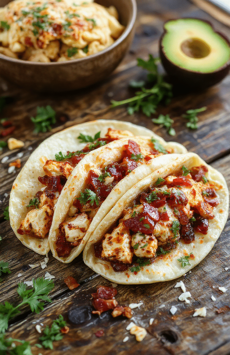 Colorful crockpot chicken tacos arranged on a rustic wooden platter, topped with fresh diced tomatoes, shredded lettuce, creamy avocado slices, and crumbled cheese, with warm tortillas and a side of lime wedges. The vibrant ingredients and textures create an inviting, appetizing scene perfect for a cozy dinner setting.