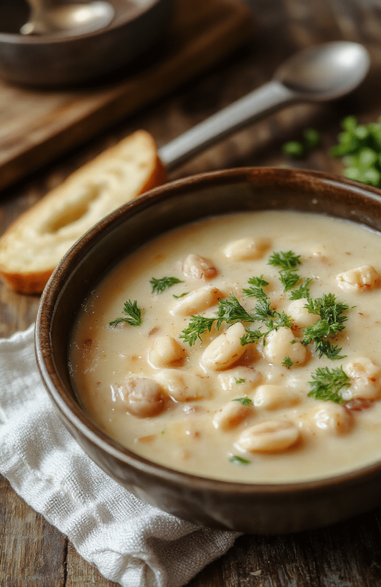 A vibrant bowl of white bean soup garnished with fresh herbs, served on a rustic wooden table with a spoon. The soup is creamy with visible white beans, topped with chopped parsley and a drizzle of olive oil, creating a cozy and inviting scene. Soft natural daylight highlights the textures and colors, emphasizing its wholesome appeal.