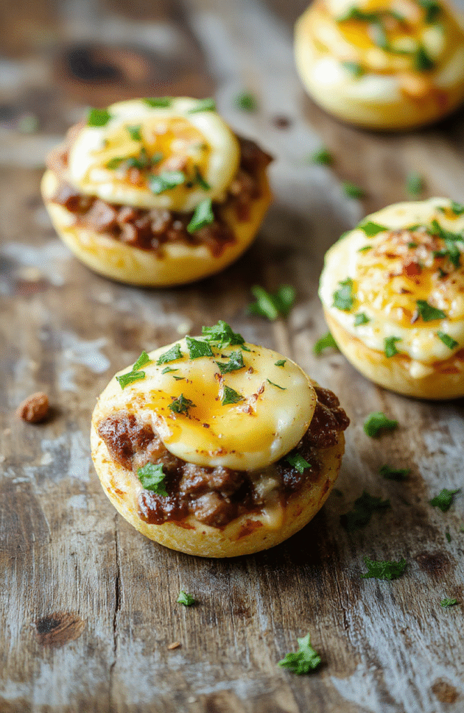 Colorful breakfast cups filled with browned ground beef, melted cheese, and fluffy eggs, neatly arranged in muffin tins on a rustic wooden surface, with a hint of fresh herbs, captured in natural daylight, showcasing textures and vibrant ingredients.