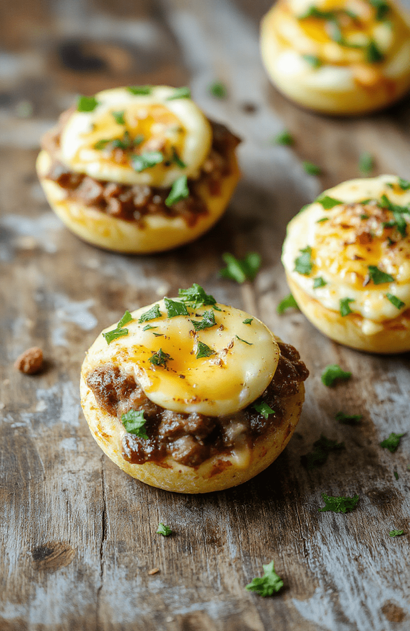 Colorful breakfast cups filled with browned ground beef, melted cheese, and fluffy eggs, neatly arranged in muffin tins on a rustic wooden surface, with a hint of fresh herbs, captured in natural daylight, showcasing textures and vibrant ingredients.