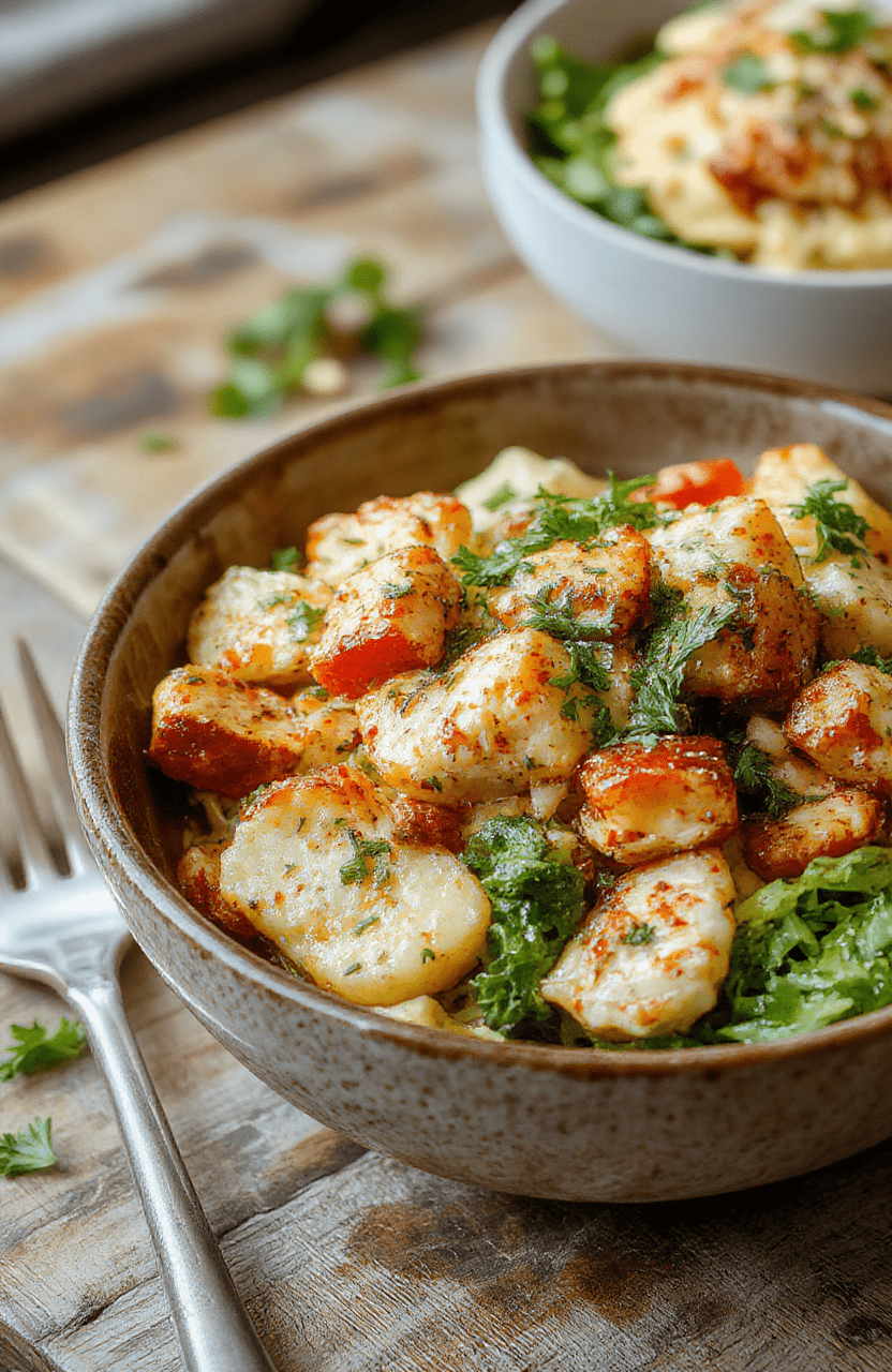 A vibrant Mediterranean chicken bowl featuring grilled chicken pieces, colorful cherry tomatoes, cucumber slices, Kalamata olives, and crumbled feta cheese arranged on a white plate. Fresh herbs like parsley are sprinkled on top, with a drizzle of olive oil and lemon. The dish is plated on a rustic wooden table with natural daylight highlighting the textures and bright colors, styled casually for an inviting, wholesome look.