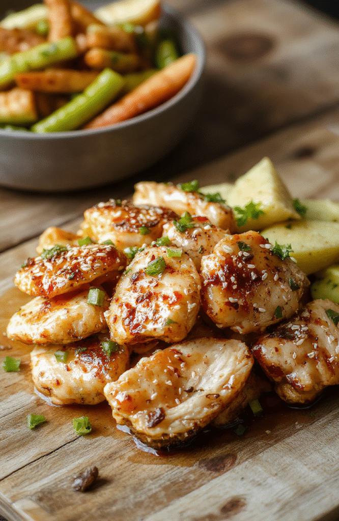 Colorful sesame chicken served on a white plate, coated in glossy sesame seeds and a savory sauce. Fresh green garnishes and sliced vegetables surround the dish, styled simply on a rustic wooden table with natural lighting, highlighting the textures and vibrant colors.
