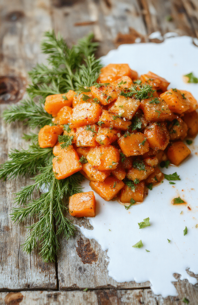 A vibrant plate of creamy smashed carrots in a rustic white bowl, garnished with fresh herbs, showcasing their bright orange color and slightly textured surface, styled on a wooden table with natural soft sunlight highlighting the dish's freshness.