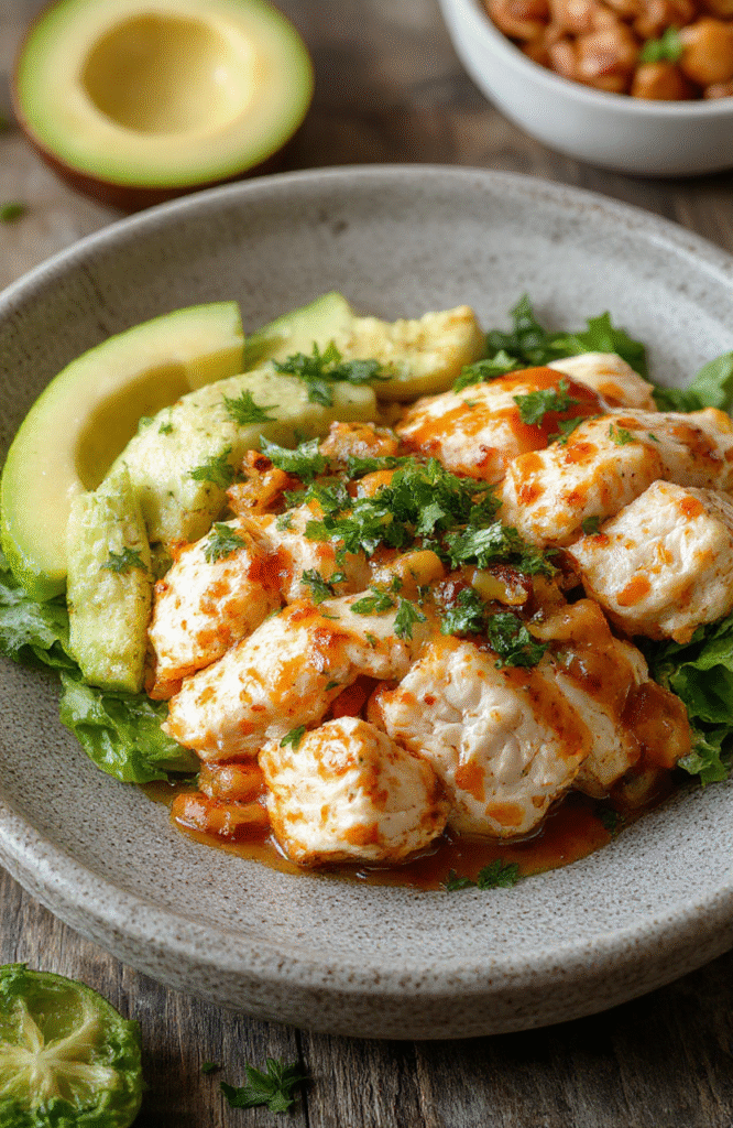 A colorful plate of southwest chicken burrito bowls with grilled chicken, fresh avocado slices, cherry tomatoes, black beans, corn, and shredded cheese, topped with cilantro and lime wedges, arranged beautifully on a rustic wooden surface with vibrant, appetizing textures and bright colors.