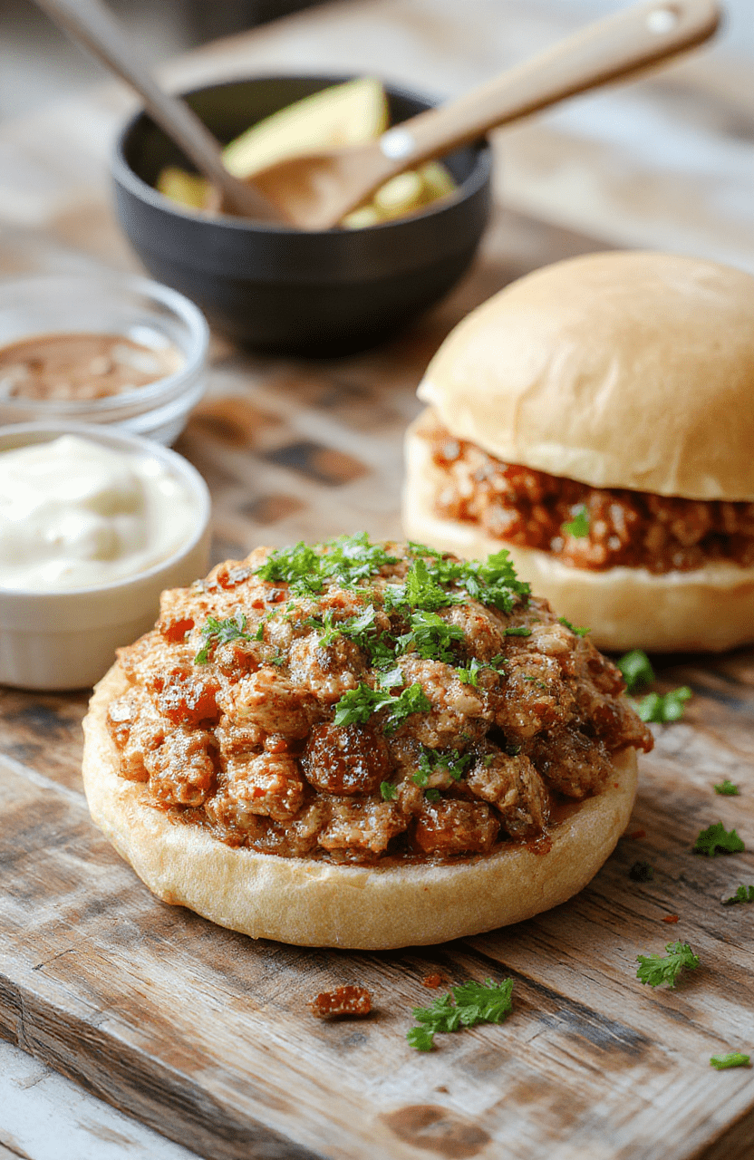 A vibrant plate of Healthy Turkey Sloppy Joes featuring golden-brown toasted buns filled with savory turkey and vegetable mixture, garnished with fresh parsley, on a rustic wooden table with colorful side vegetables. The textures of the meat, buns, and crisp toppings contrast beautifully, offering an appetizing and wholesome appearance perfect for a cozy dinner scene.