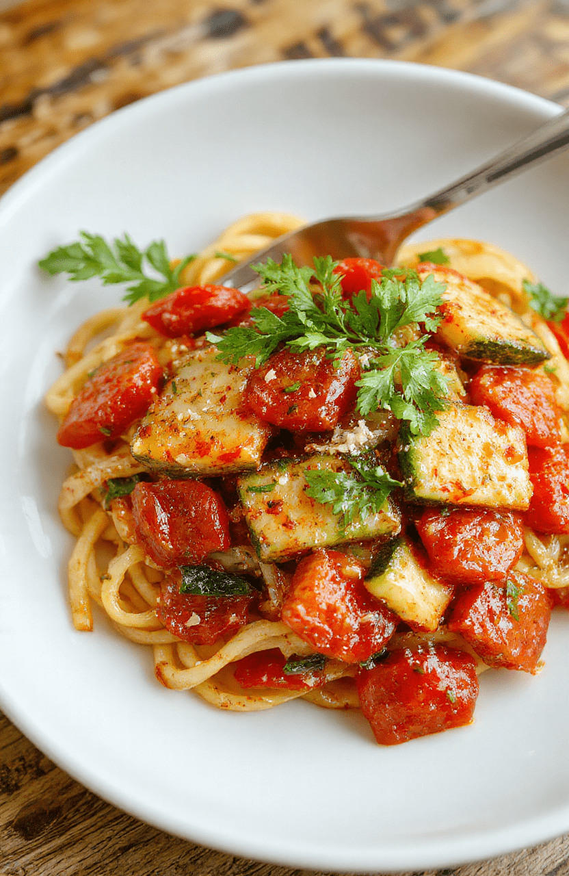 Colorful vegetarian tomato zucchini pasta served on a rustic white plate, garnished with fresh basil and grated cheese, with vibrant red tomato chunks and green zucchini ribbons, showcasing textures and fresh ingredients, styled simply with a natural background.