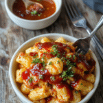 A vibrant bowl of creamy mac and cheese topped with succulent honey BBQ chicken pieces, garnished with chopped fresh herbs, in a rustic ceramic bowl on a wooden table, showcasing golden melted cheese, tender chicken, and colorful herbs, styled for inviting comfort food appeal.