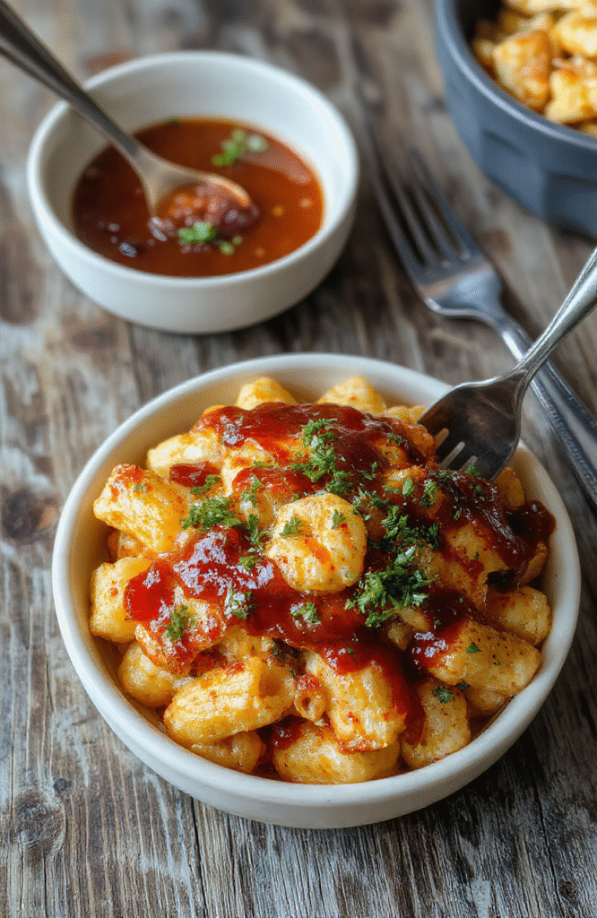 A vibrant bowl of creamy mac and cheese topped with succulent honey BBQ chicken pieces, garnished with chopped fresh herbs, in a rustic ceramic bowl on a wooden table, showcasing golden melted cheese, tender chicken, and colorful herbs, styled for inviting comfort food appeal.