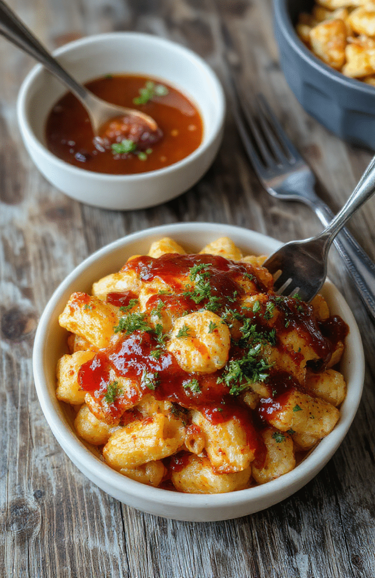 A vibrant bowl of creamy mac and cheese topped with succulent honey BBQ chicken pieces, garnished with chopped fresh herbs, in a rustic ceramic bowl on a wooden table, showcasing golden melted cheese, tender chicken, and colorful herbs, styled for inviting comfort food appeal.