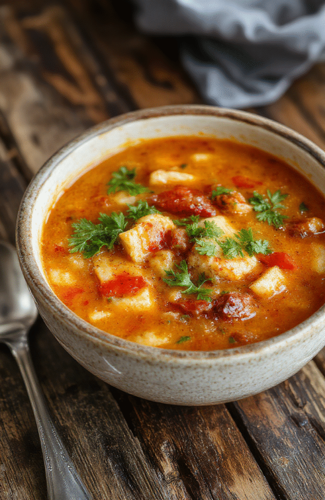 A rustic bowl of hearty cowboy soup filled with chunks of beef, beans, corn, and vegetables, topped with chopped cilantro, served in a creamy broth. Vibrant colors, fresh garnishes, and steaming hot texture presented on a wooden table with a spoon, inviting comfort and warmth.