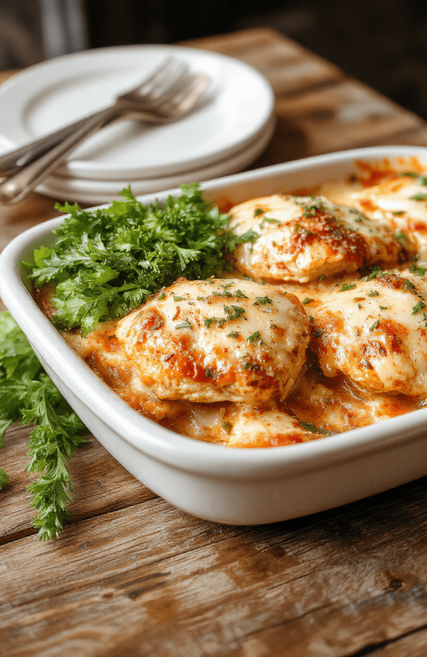 A colorful chicken parmesan casserole featuring golden crispy breaded chicken topped with melty mozzarella and marinara sauce, garnished with fresh basil on a rustic wooden table, with a side of leafy greens. The dish is steaming hot, with a bubbly cheese crust and vibrant red sauce contrasting with the creamy white mozzarella.