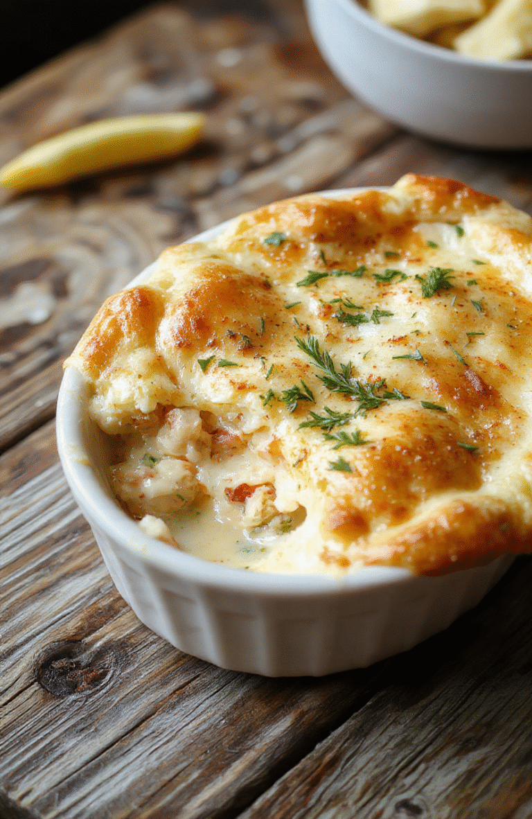 A vibrant plate featuring a golden-brown crustless chicken pot pie, filled with tender chunks of chicken, colorful vegetables, and a creamy sauce, styled simply on a rustic wooden table with a neutral backdrop.