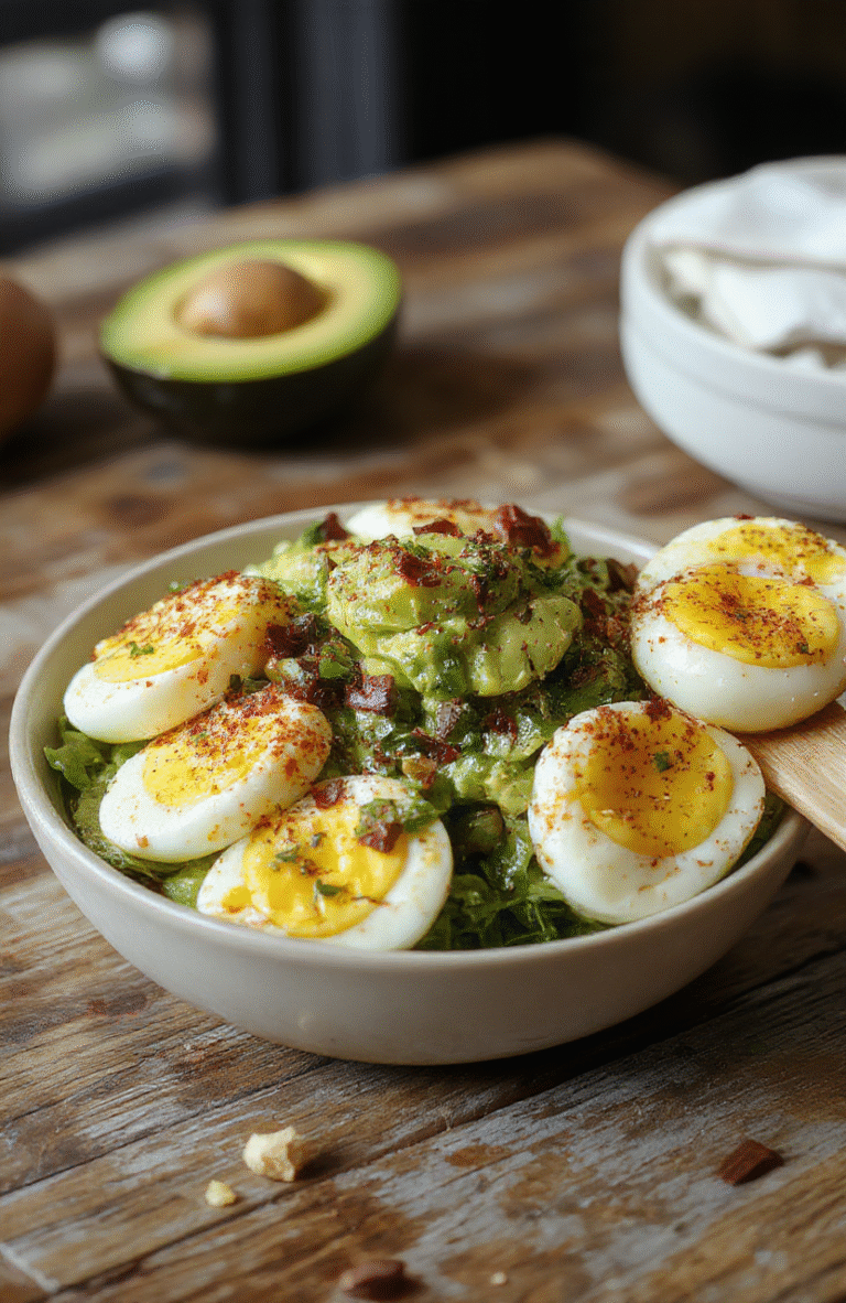 A vibrant plate featuring a creamy avocado salad topped with perfectly boiled eggs, garnished with fresh herbs and a drizzle of lemon juice. The salad is styled on a rustic wooden table with colorful ingredients visible, highlighting the textures of silky avocado, firm boiled eggs, and crisp greens.