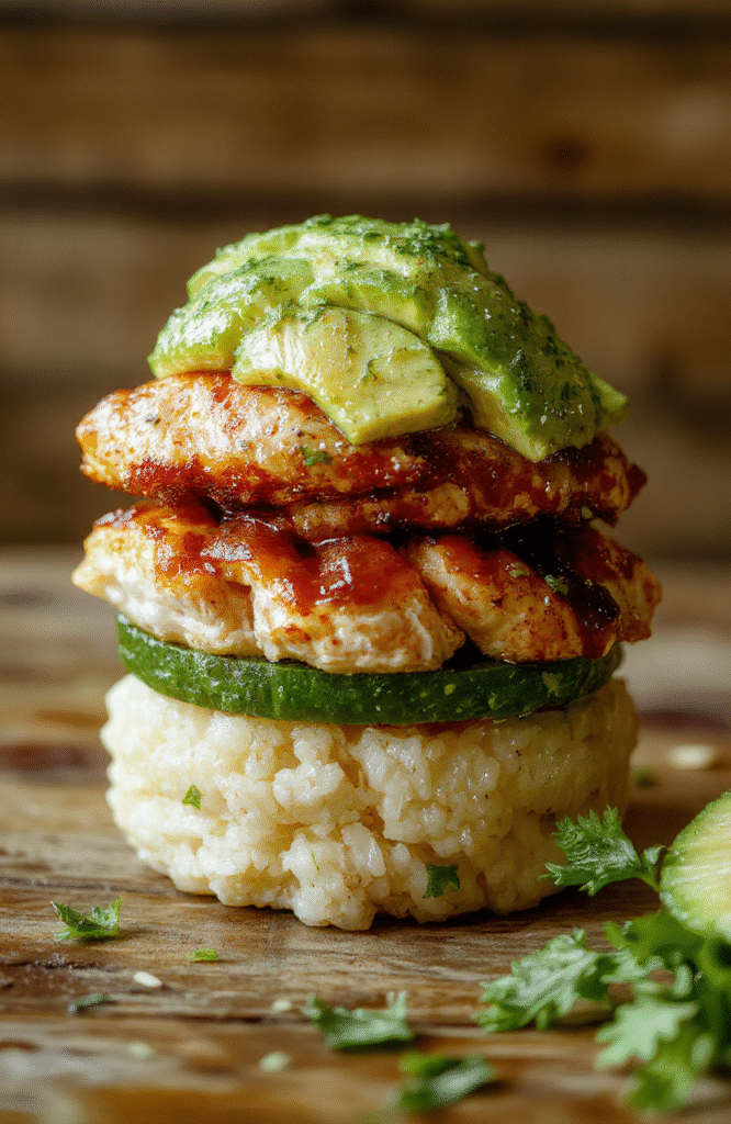 A vibrant dish featuring golden grilled chicken topped with fresh lime and honey glaze, arranged over fluffy rice with creamy avocado slices on top, garnished with herbs and colorful vegetables, styled on a rustic wooden plate with a bright, inviting background.