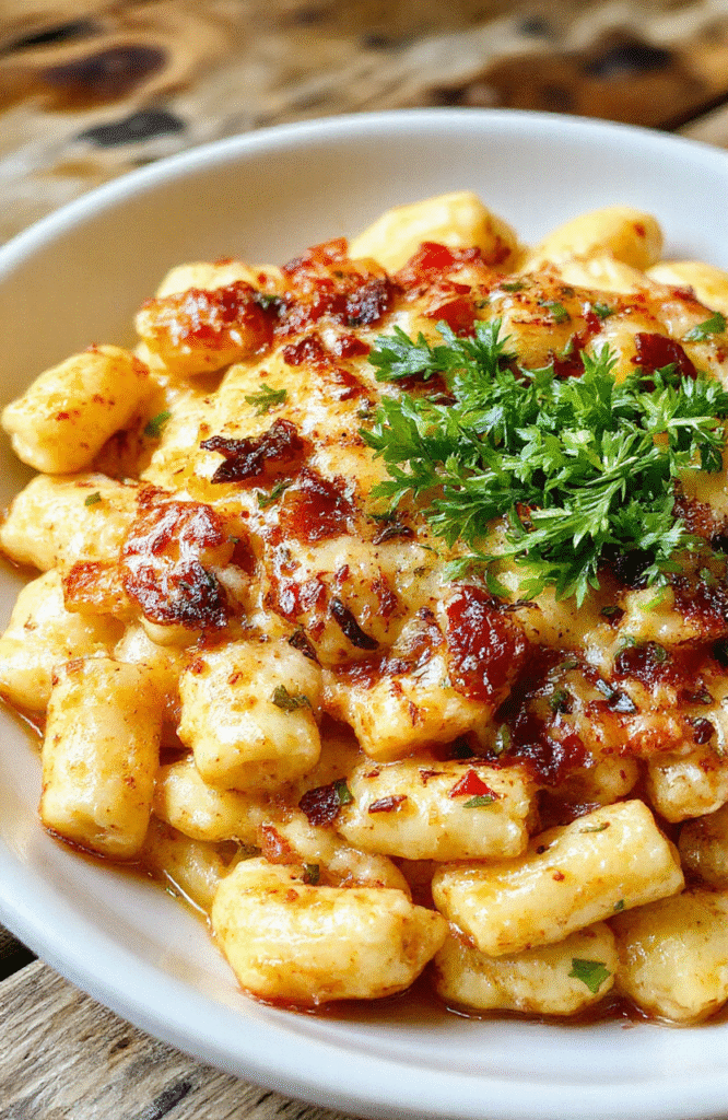 A close-up of a creamy macaroni and cheese dish topped with glazed honey pepper chicken pieces garnished with fresh herbs, vibrant yellow cheese sauce contrasting with dark pepper and golden chicken, styled on a white plate with a rustic wooden background.