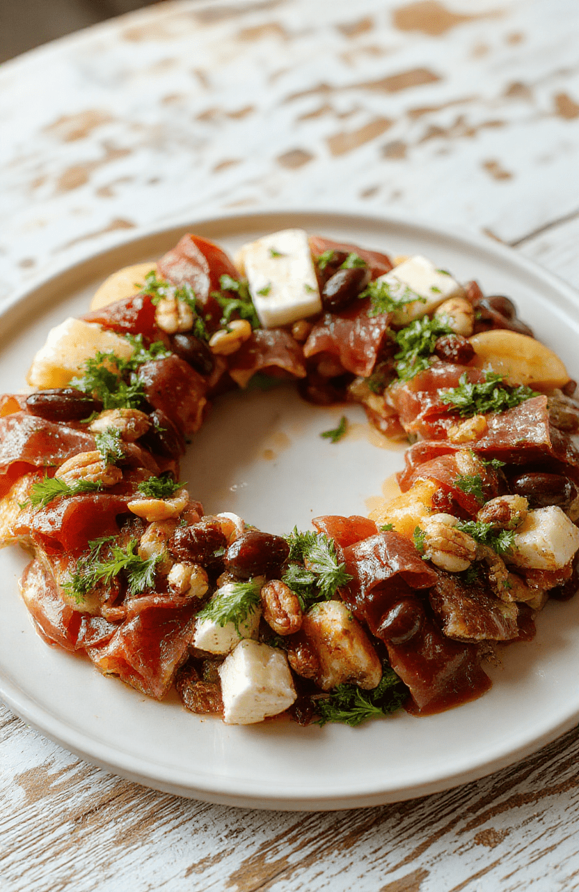 Colorful charcuterie wreath arranged on a white platter featuring an assortment of cured meats, cheeses, fresh fruits, nuts, and herbs, styled with vibrant reds, yellows, greens, and textures for an inviting presentation.