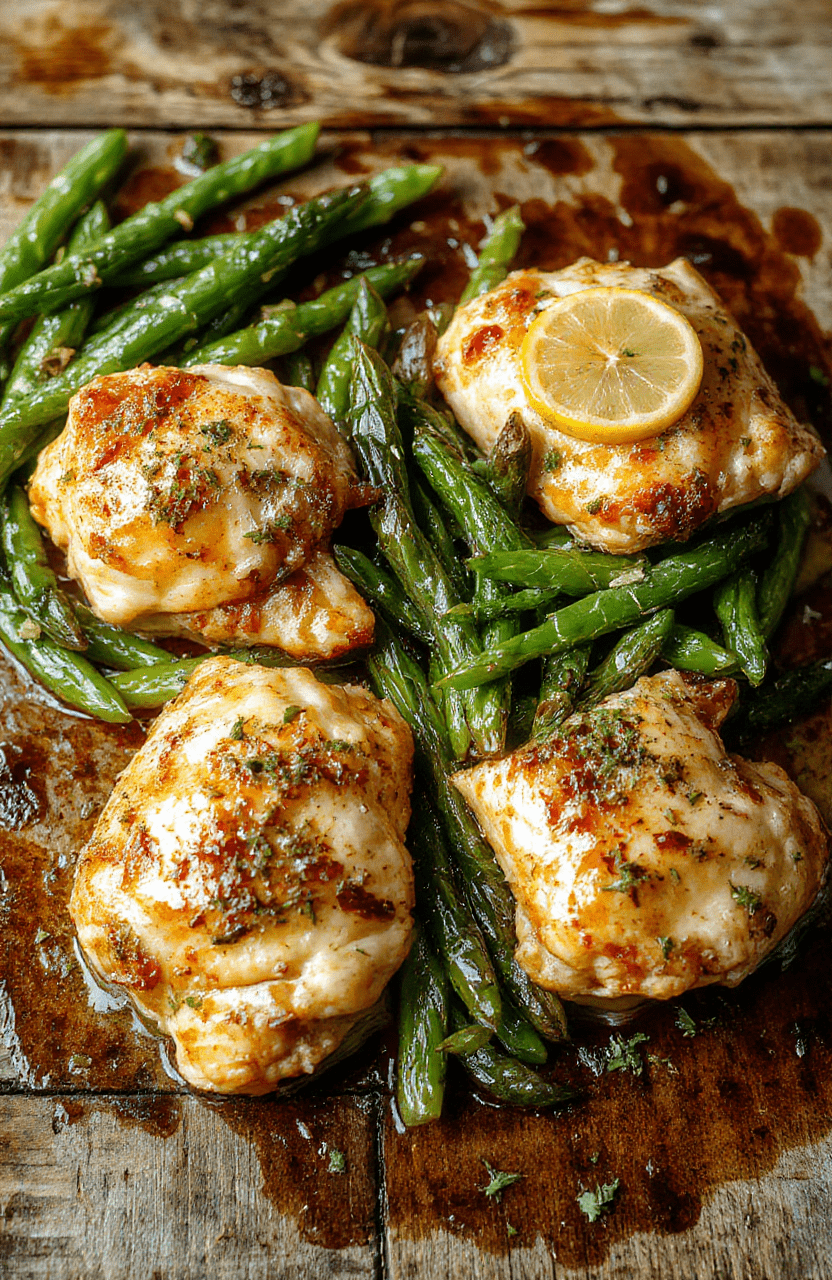 A vibrant plate of lemon garlic butter chicken thighs served alongside bright green beans, garnished with fresh lemon slices and herbs, with a caramelized, crispy exterior and tender interior, styled simply on a rustic wooden surface with natural lighting.