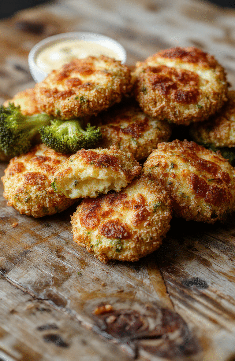 Golden crispy broccoli cheese rounds arranged on a white plate with vibrant green broccoli and melted cheese, sprinkled with herbs, styled with a rustic wooden background, appealing textures highlighting crunchiness and gooey cheese.