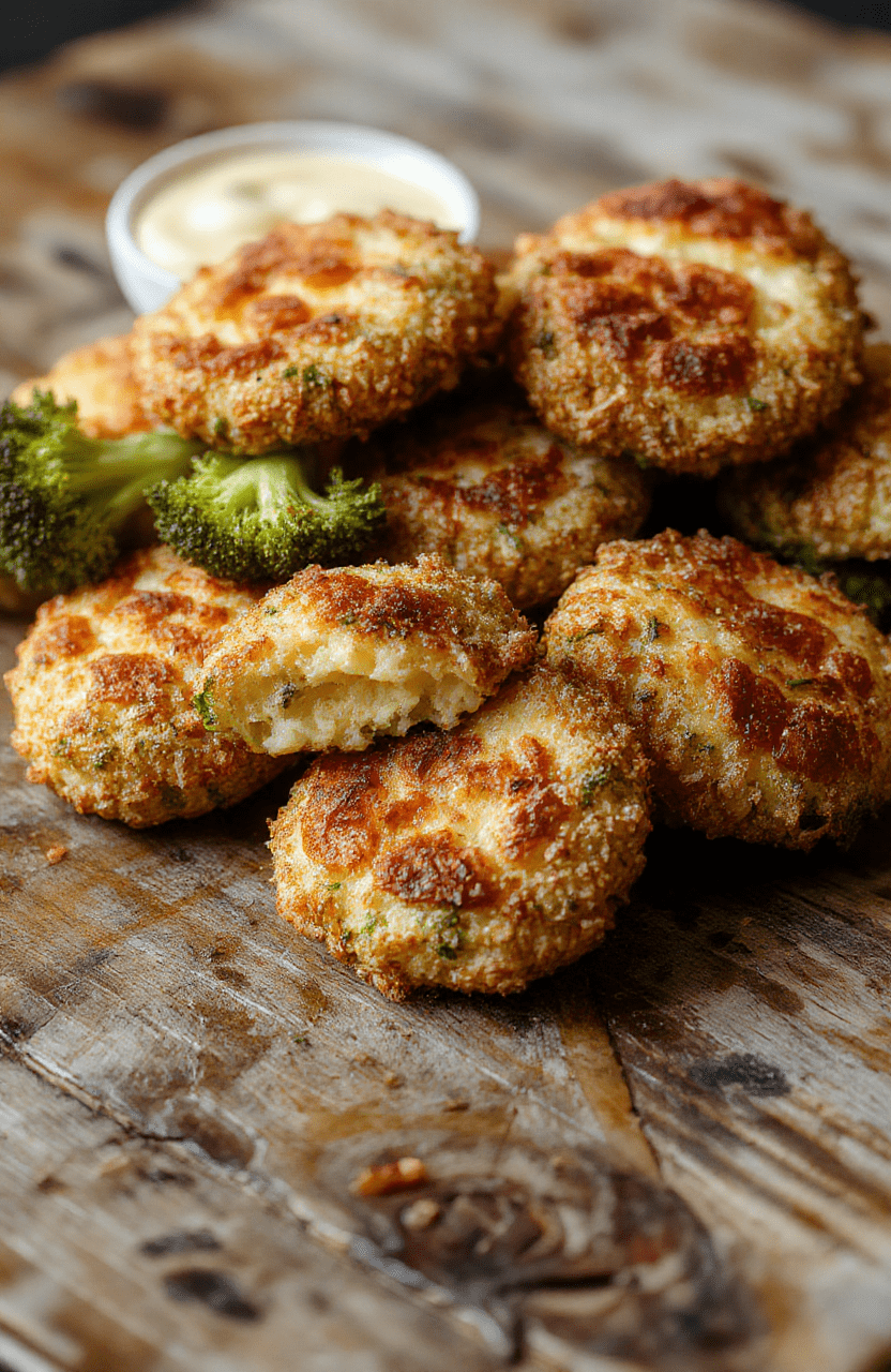 Golden crispy broccoli cheese rounds arranged on a white plate with vibrant green broccoli and melted cheese, sprinkled with herbs, styled with a rustic wooden background, appealing textures highlighting crunchiness and gooey cheese.