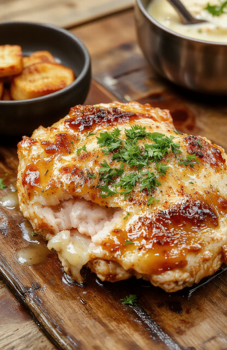 A close-up shot of a perfectly cooked garlic butter chicken breast, golden brown and glazed with buttery garlic sauce, garnished with chopped parsley, served on a white ceramic plate with a rustic wooden table background, highlighting the tender, juicy texture and rich, aromatic sauce.