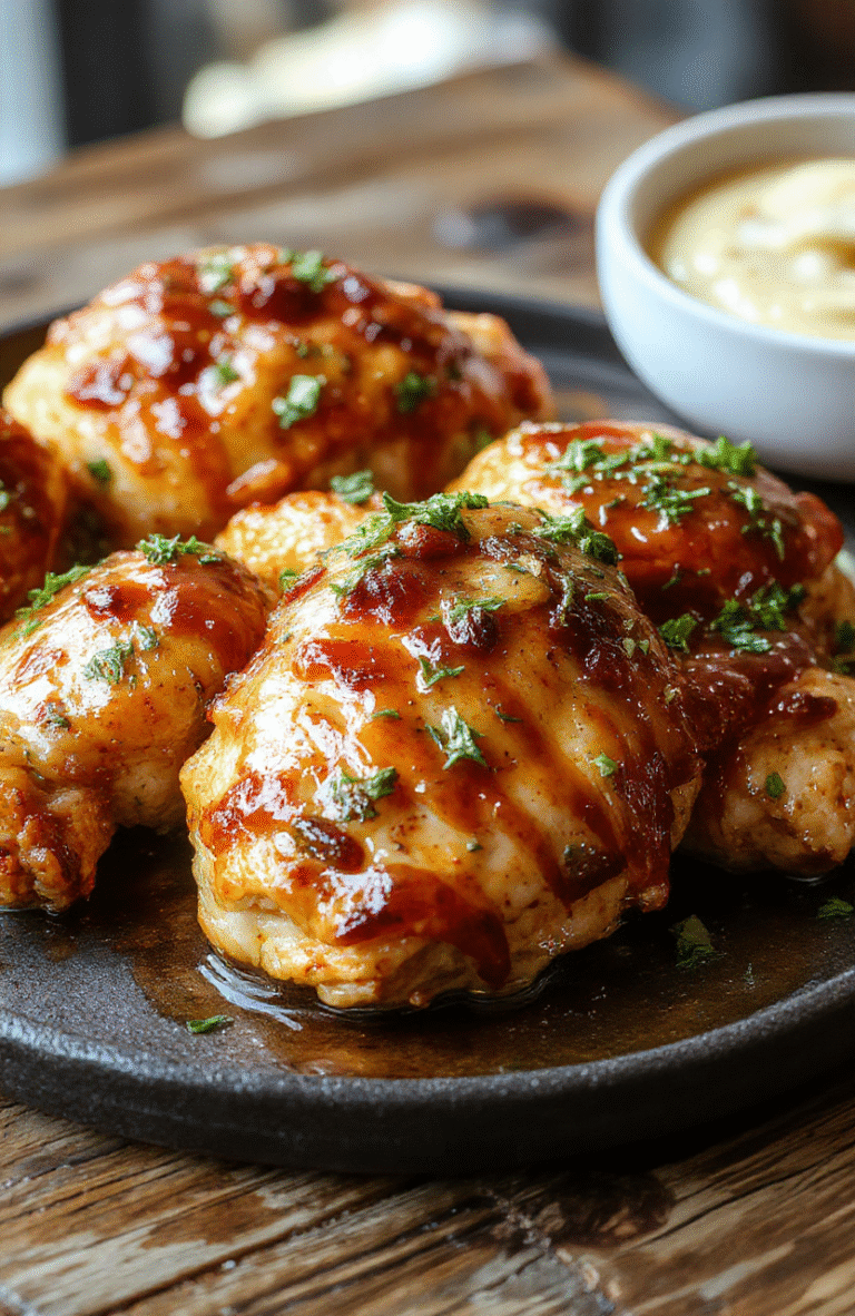 A close-up of a golden-brown honey butter chicken thighs glazed with glossy honey butter sauce, garnished with fresh herbs, on a rustic plate with a drizzle of sauce, surrounded by soft-focus rustic wooden background and subtle steam rising for a warm, inviting look.
