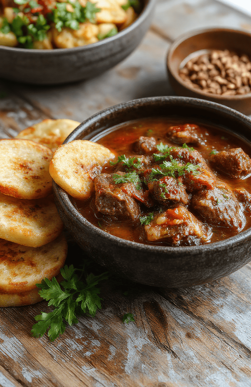 A rich, bubbling bowl of melt-in-your-mouth birria beef stew with tender shredded beef immersed in a deep red, flavorful broth. Garnished with fresh cilantro and served with warm corn tortillas on a rustic wooden table. The stew's glossy surface and aromatic steam evoke warmth and comfort, highlighting the inviting textures and vibrant colors of traditional Mexican cuisine.