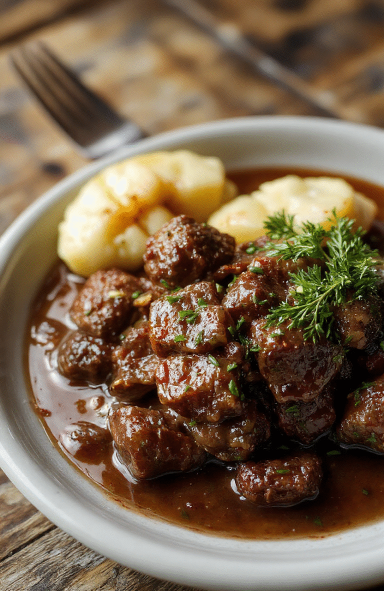 A steaming bowl of tender beef bourguignon with rich gravy, garnished with fresh herbs, served in a rustic ceramic bowl on a wooden surface, surrounded by sliced carrots, potatoes, and red wine reduction. The dish has a glossy, flavorful appearance with visible chunks of beef and vegetables, styled with a sprig of thyme for an inviting, cozy presentation.